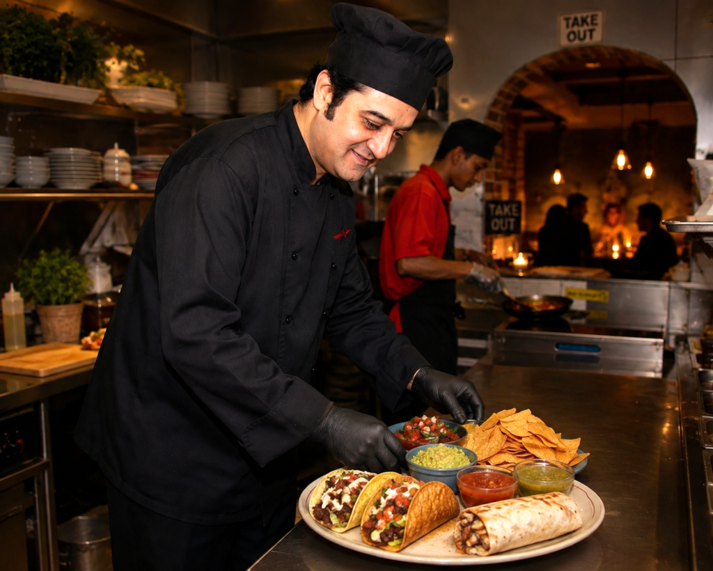 Chef Raihan Jaffar plating tacos and burritos in the Frank's A Lot kitchen