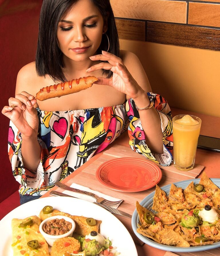 Corn dog with enchiladas and nachos